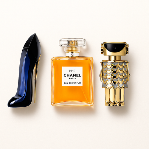 Combo de 3 perfumes Carolina Herrera GOOD GIRL, Chanel Nº5 e Paco Rabanne FAME